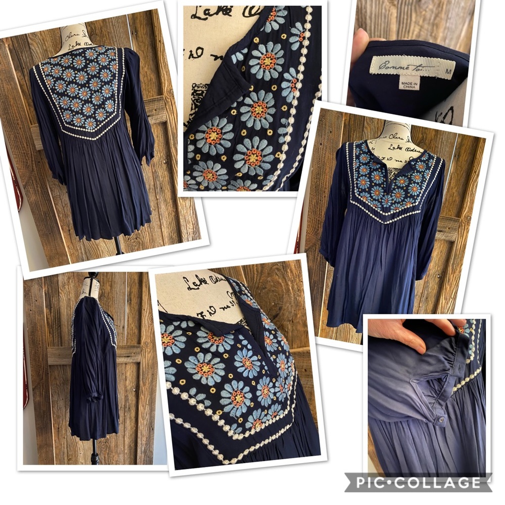 Flowy, navy tunic with floral embroidery